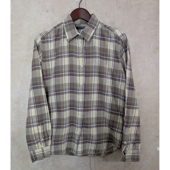 Flaw Lauren Ralph Lauren Flannel Top Women's L Brown Plaid Fitted Button Up - Picture 2 of 9
